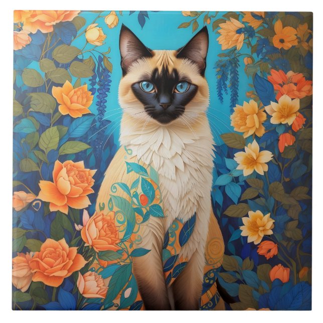 Colorful Blue Siamese Cat Floral Ceramic Tile (Front)