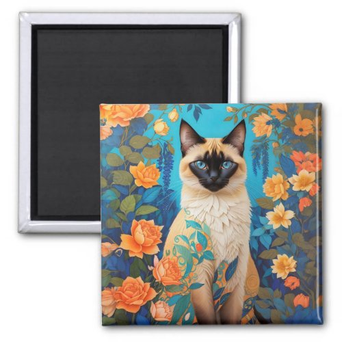 Colorful Blue Siamese Cat Floral Magnet