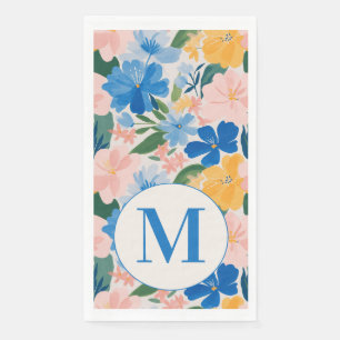 Colorful Blue Spring Flower Watercolor Monogram Paper Guest Towels