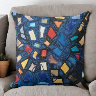 Colorful blue stained glass aspect  abstract  throw pillow