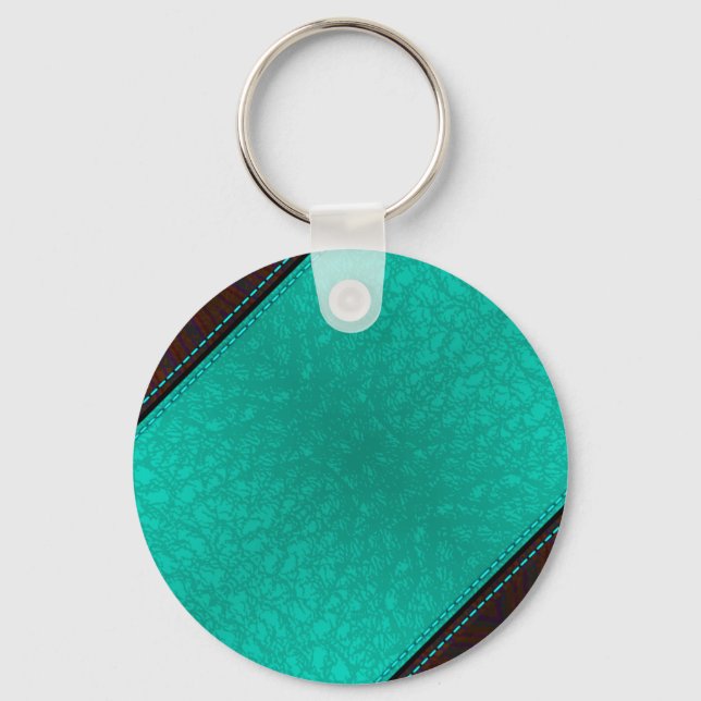 Colorful Blue Stitched Diagonal leather Stripe Keychain (Front)