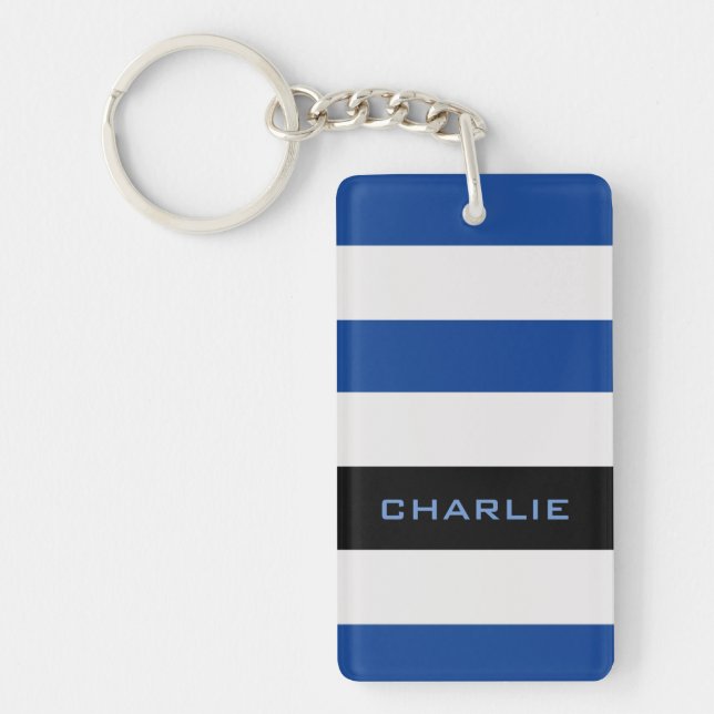 Colorful Blue Stripes with Custom Name Keychain (Front)