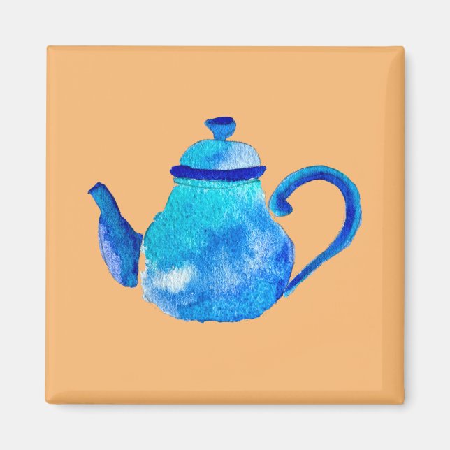 Colorful blue teapot watercolor magnet (Front)