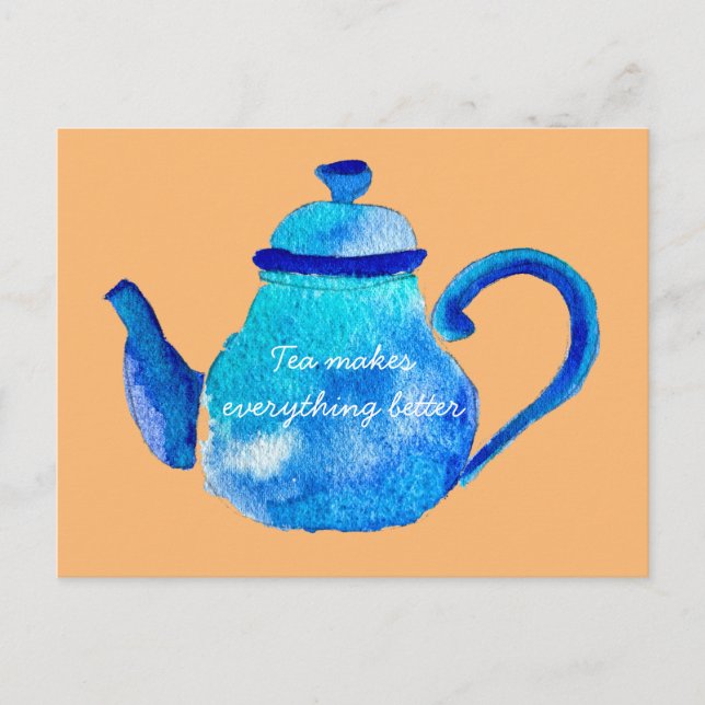 Colorful blue teapot watercolor postcard (Front)