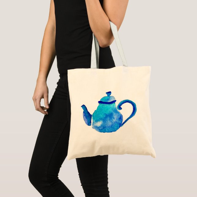 Colorful blue teapot watercolor tote bag (Front (Product))