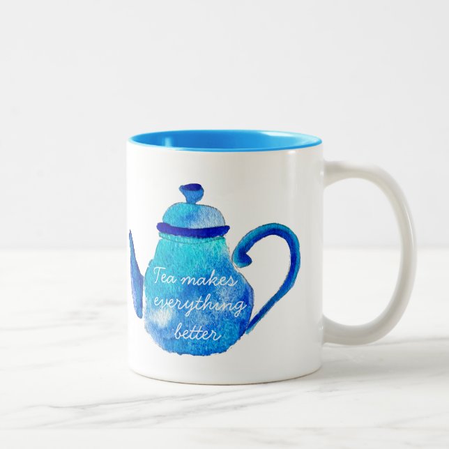 Colorful blue teapot watercolor Two-Tone coffee mug (Right)
