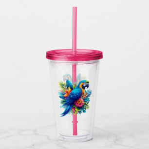 Colorful, blue tropical macaw acrylic tumbler