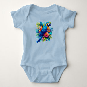 Colorful, blue tropical macaw  baby bodysuit