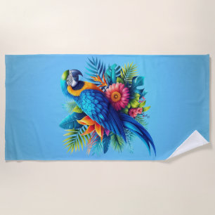 Colorful, blue tropical macaw beach towel