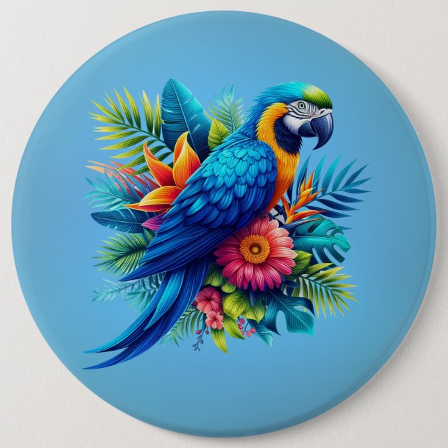 Colorful, blue tropical macaw  button (Front)