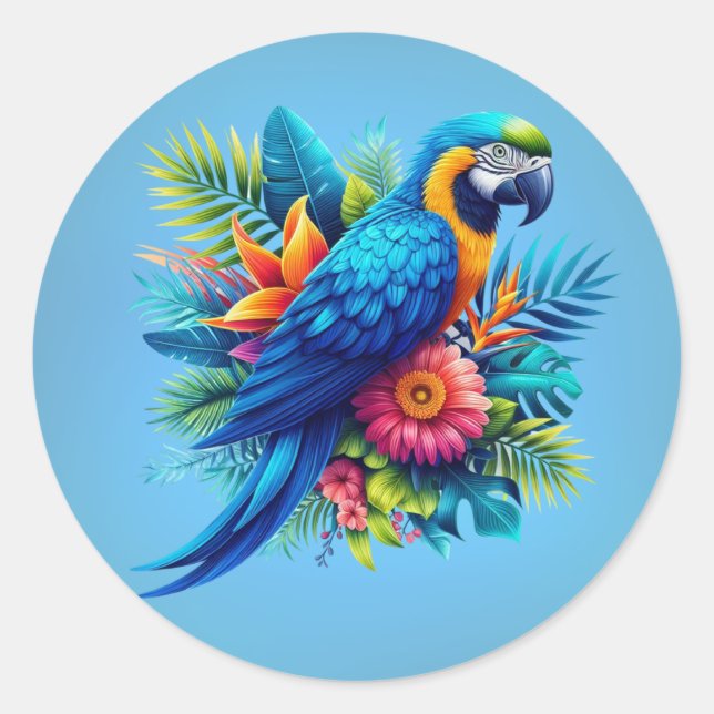 Colorful, blue tropical macaw  classic round sticker (Front)
