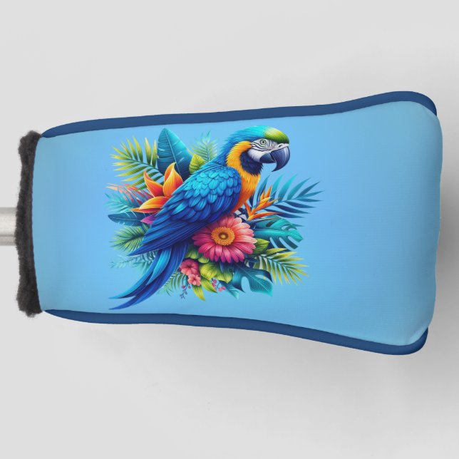 Colorful, blue tropical macaw golf head cover (Front)