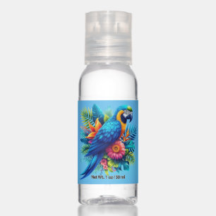 Colorful, blue tropical macaw hand sanitizer