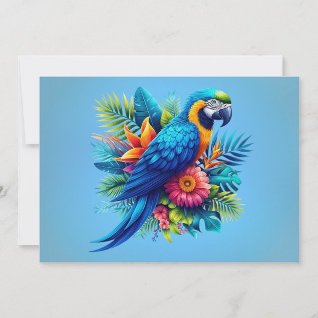 Colorful, blue tropical macaw  holiday card (Front)
