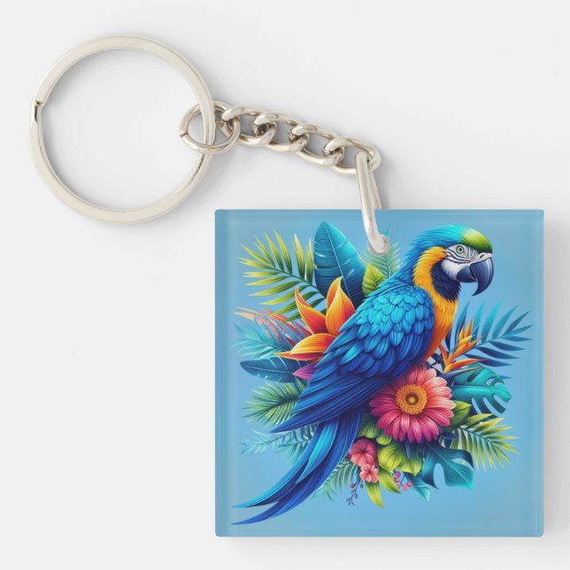 Colorful, blue tropical macaw  keychain (Front)