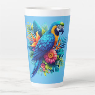 Colorful, blue tropical macaw latte mug