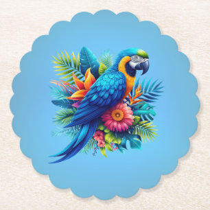 Colorful, blue tropical macaw  paper coaster