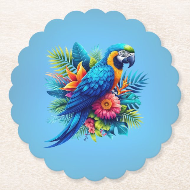 Colorful, blue tropical macaw  paper coaster (Front)