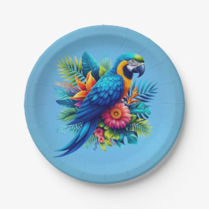 Colorful, blue tropical macaw paper plates