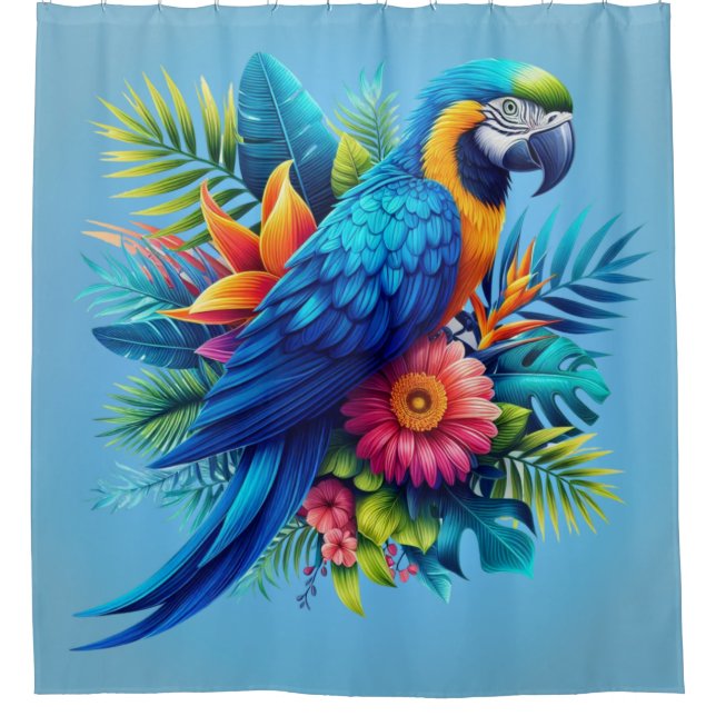Colorful, blue tropical macaw  shower curtain (Front)