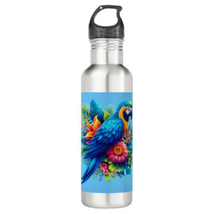 Colorful, blue tropical macaw stainless steel water bottle