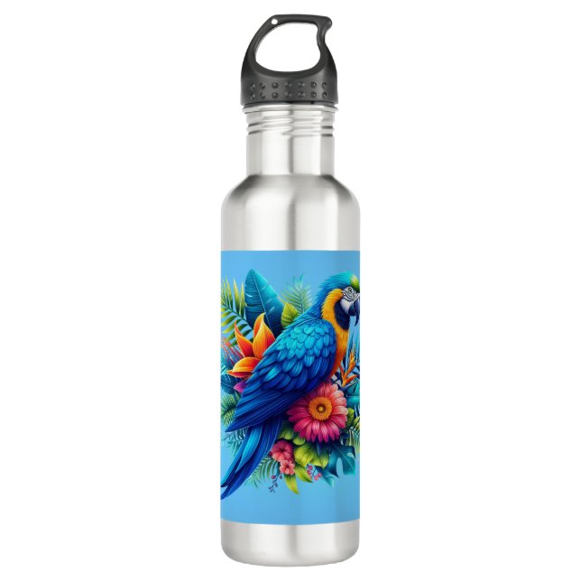 Colorful, blue tropical macaw  stainless steel water bottle (Front)