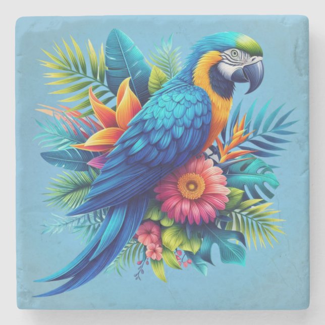 Colorful, blue tropical macaw  stone coaster (Front)