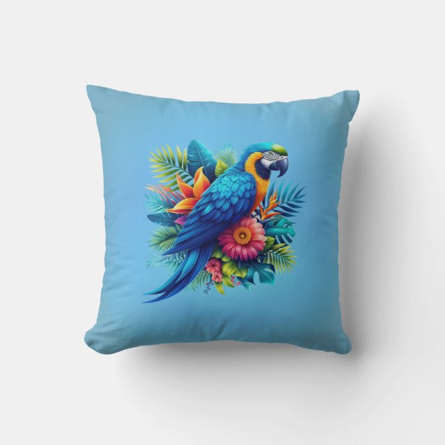 Colorful, blue tropical macaw  throw pillow (Front)
