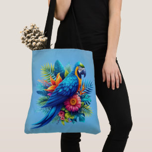 Colorful, blue tropical macaw tote bag