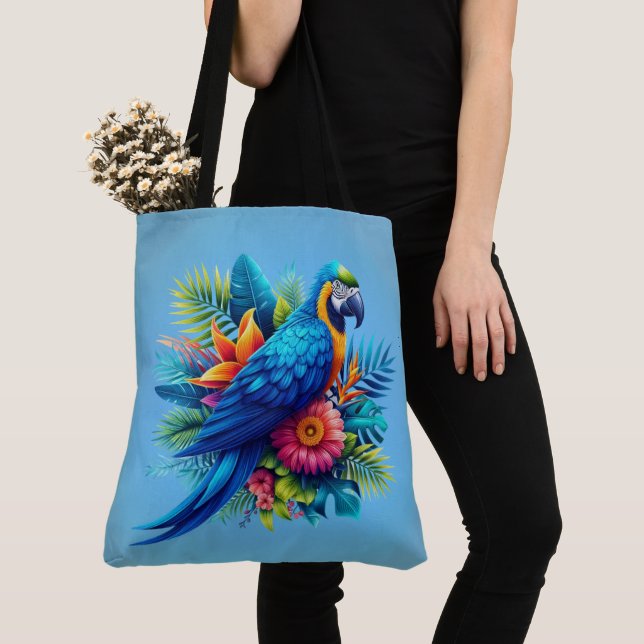 Colorful, blue tropical macaw  tote bag (Close Up)