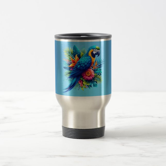 Colorful, blue tropical macaw  travel mug (Center)