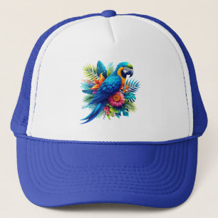 Colorful, blue tropical macaw trucker hat