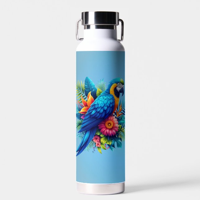 Colorful, blue tropical macaw  water bottle (Front)