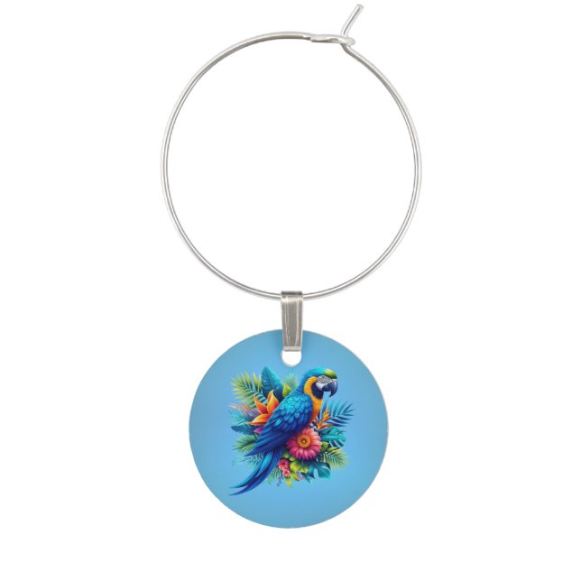 Colorful, blue tropical macaw  wine charm (Front)