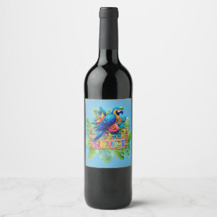 Colorful, blue tropical macaw   wine label