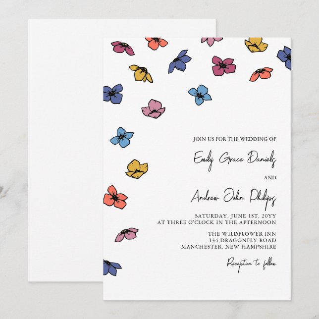 Colorful Blue Violet Flowers Wedding Invitation (Front/Back)