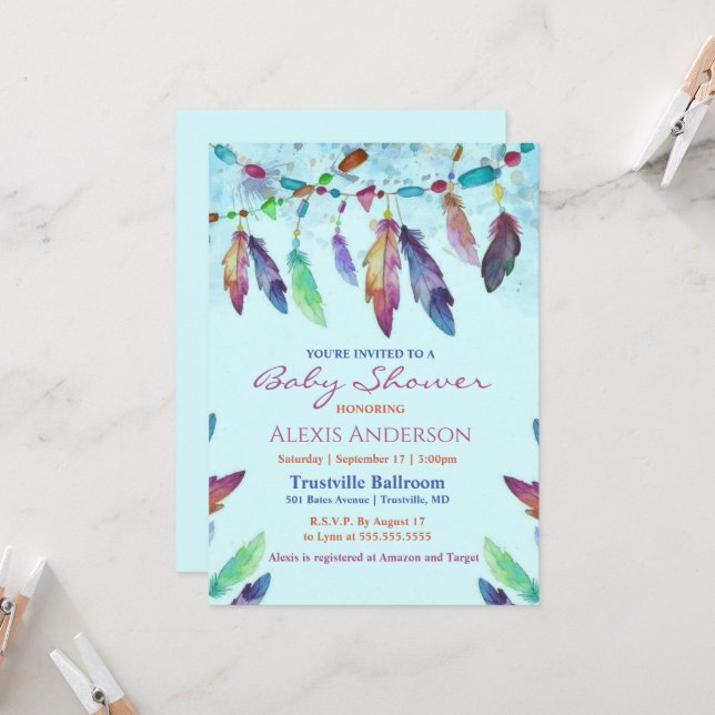 Colorful Blue Watercolor Feathers Baby Shower  Invitation (Front/Back In Situ)