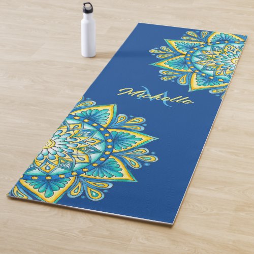 Colorful Blue Yellow Floral Mandala Monogram  Yoga Mat