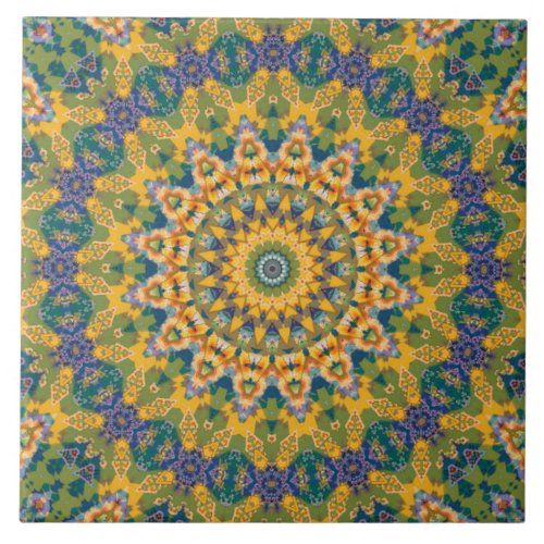 Colorful Blue  Yellow Mandala Kaleidoscope Tile