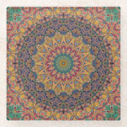 Colorful Blue Yellow Teal Mandala Kaleidoscope Glass Coaster