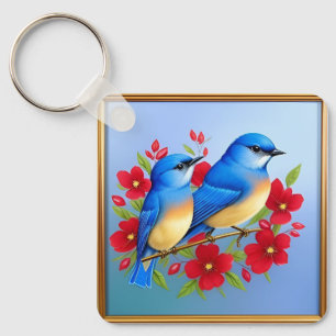 Colorful Bluebirds Perched Among Red Flowers Keychain