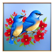 Colorful Bluebirds Perched Among Red Flowers
