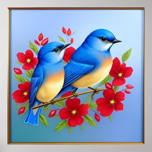 Colorful Bluebirds Perched Among Red Flowers Poster