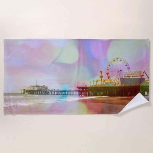Colorful Blurry Bokeh Santa Monica Pier Beach Towel