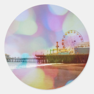 Colorful Blurry Bokeh Santa Monica Pier Classic Round Sticker