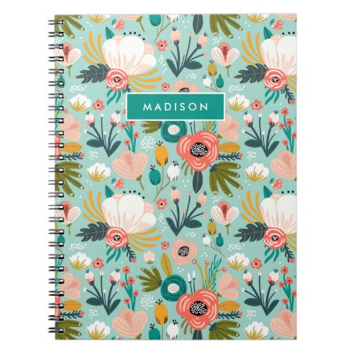 Colorful Blush Coral  Teal Floral Pattern Notebook