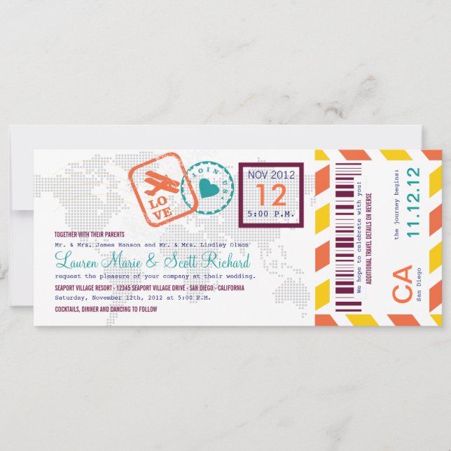 Colorful Boarding Pass Airmail Ticket Invitation (Front)