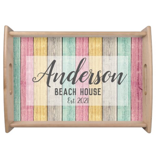 Colorful Boardwalk Wood Beach House Family Name  S Serving Tray