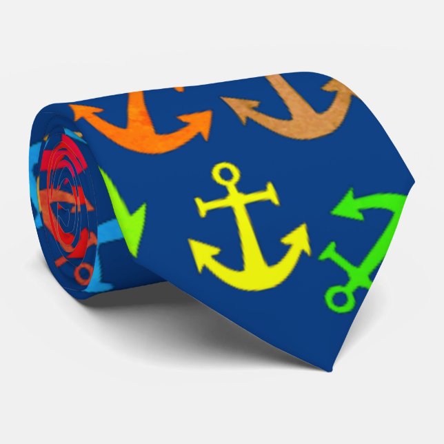 Colorful Boat Anchor Pattern Neck Tie (Rolled)