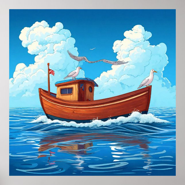 Colorful Boat Floating on Ocean Waves Poster (Front)